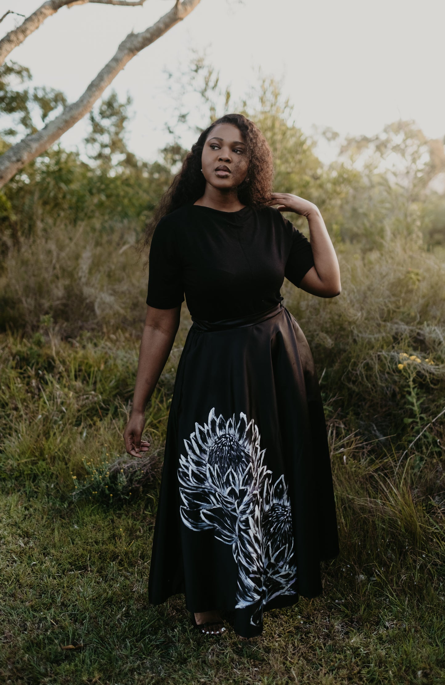Hand Painted Protea Skirt - Midi
