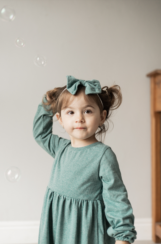 Gathered Girls Dress - With Matching Hair Bow - Recycled Plastic