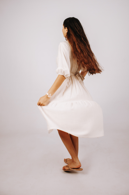 2 Tiered Midi Dress - Built-in Side Straps - Linen